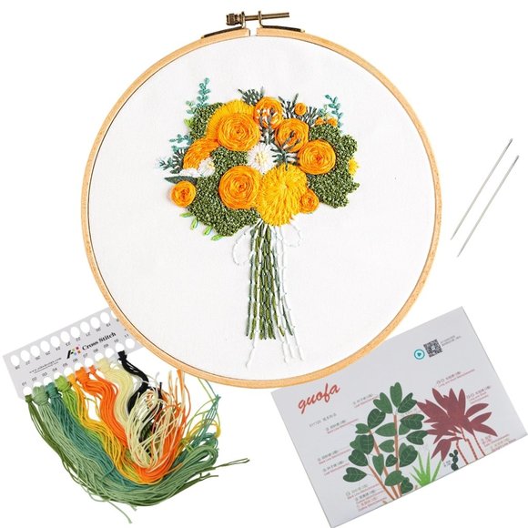 NEW Orange Yellow Flowers Bouquet Embroidery Kit w/Hoop Beginner DIY Crafts - Picture 5 of 5